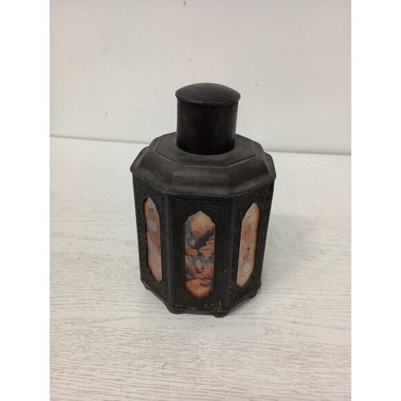 Antique 19th Century Chinese Pewter Tea Caddy Octagonal Painted Glass Panels - Picture 5 of 10